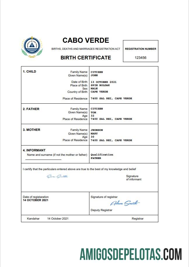Em branco modelo Word e PDF de certidão de nascimento de registro vital de Cabo Verde