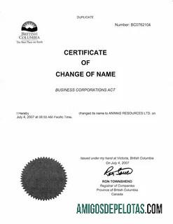Certificado de mudança de nome de empresas do Registro de Empresas da Colúmbia Britânica do Canadá baixar para verificação
