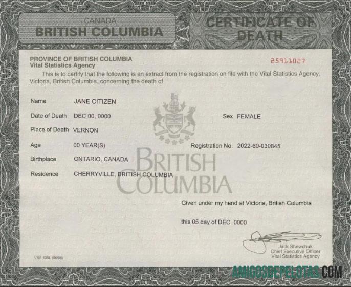para download Modelo de certidão de óbito da Colúmbia Britânica do Canadá em formato PSD