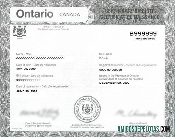 Certidão de Nascimento do Registrador Geral do Canadá exemplo real