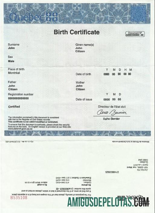 Em branco modelo de certidão de nascimento Canadá Quebec em PSD