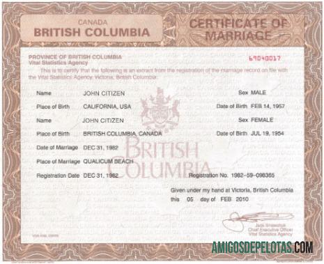 Certificado de casamento da Agência de Estatísticas Vitais do Canadá baixar para verificação