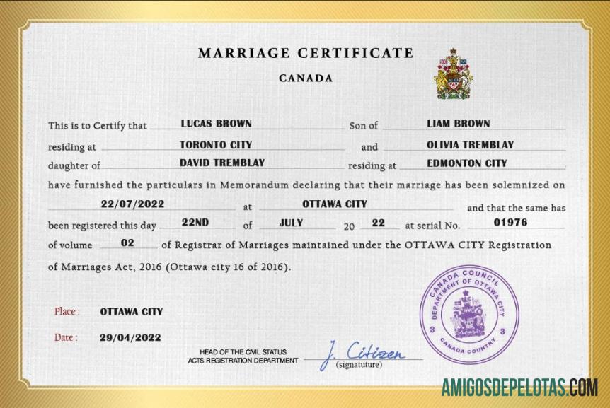 Imprimível modelo PSD de certidão de casamento no Canadá