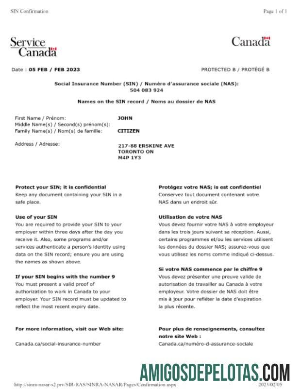 Confirmação do Número de Seguro Social do Canadá (SIN) exemplo