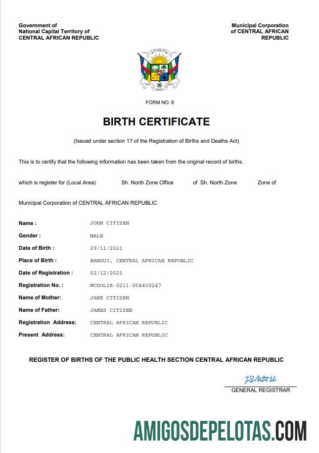 para download Modelo Word e PDF de certidão de nascimento de registro vital da República Centro-Africana