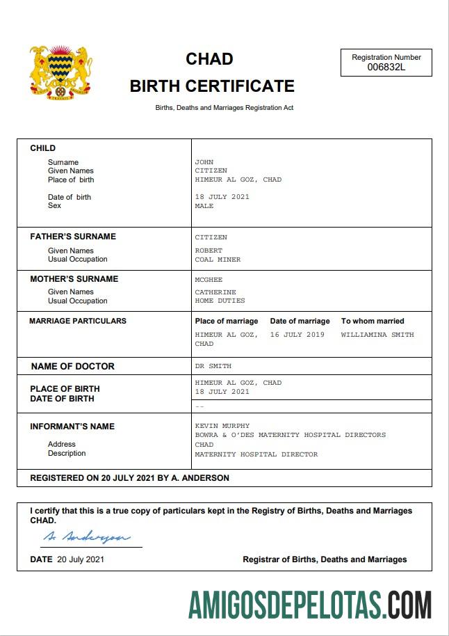 Em branco modelo Word e PDF de certidão de nascimento do Chade