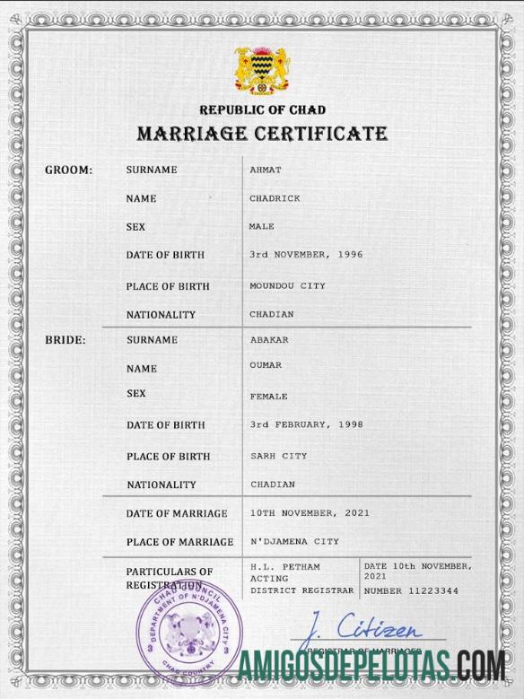 para download Modelo PSD de certidão de casamento do Chade