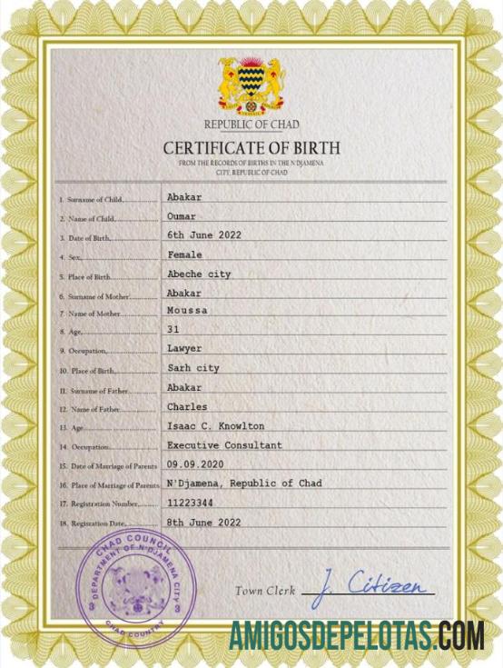 para download Modelo PSD de certidão de nascimento de registro vital do Chade