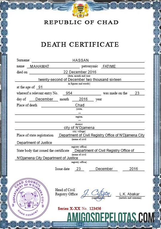 para download Modelo PSD de certidão de óbito de registro vital do Chade