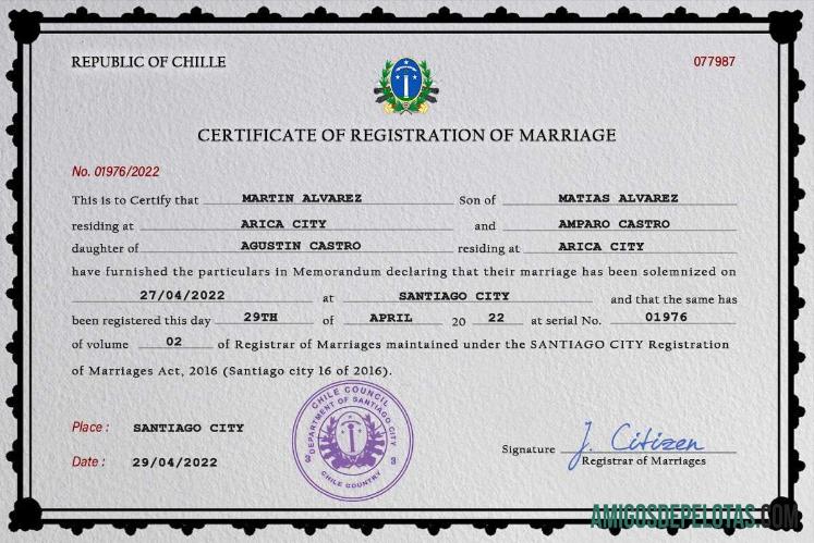 Imprimível modelo PSD de certidão de casamento no Chile