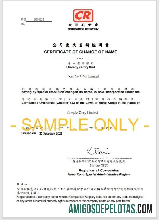 Certificado de alteração de nome de empresas no registro de empresas da China exemplo