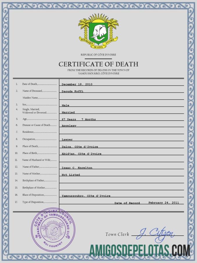 realista Modelo PSD de certidão de óbito de registro vital da Costa do Marfim