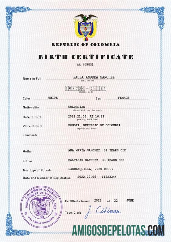 Imprimível modelo PSD de certidão de nascimento da Colômbia