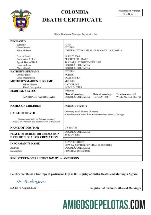 para download Modelo Word e PDF de certidão de óbito da Colômbia