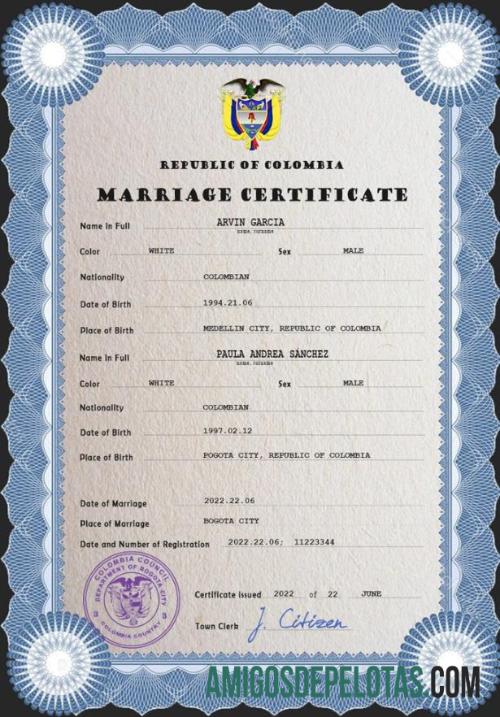 Certidão de casamento da Colômbia Psd baixar para verificação