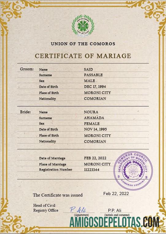 realista Modelo PSD de certidão de casamento de Comores