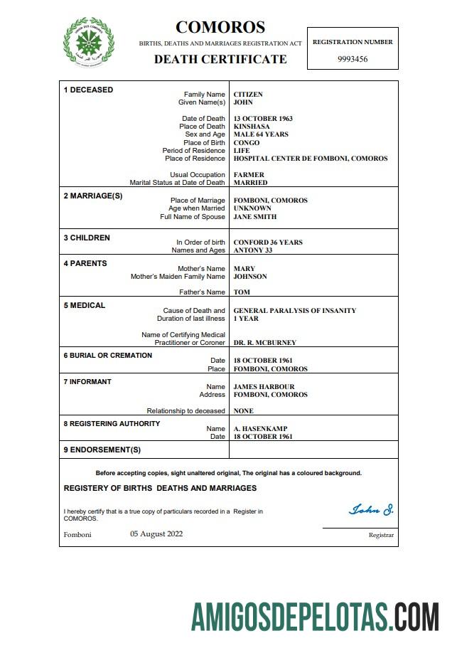 Em branco modelo Word e PDF de certidão de óbito de registro vital de Comores