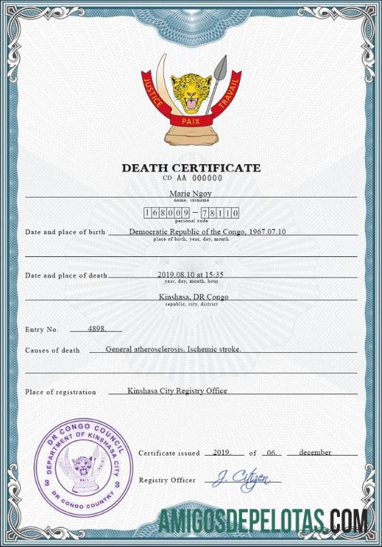 para download Modelo PSD de certidão de óbito de registro vital do Congo (República Democrática do Congo)
