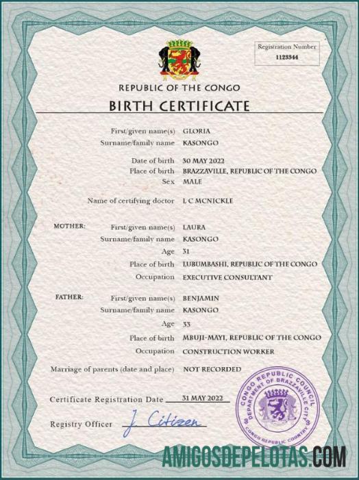 realista Modelo PSD de certidão de nascimento de registro vital do Congo (República do)