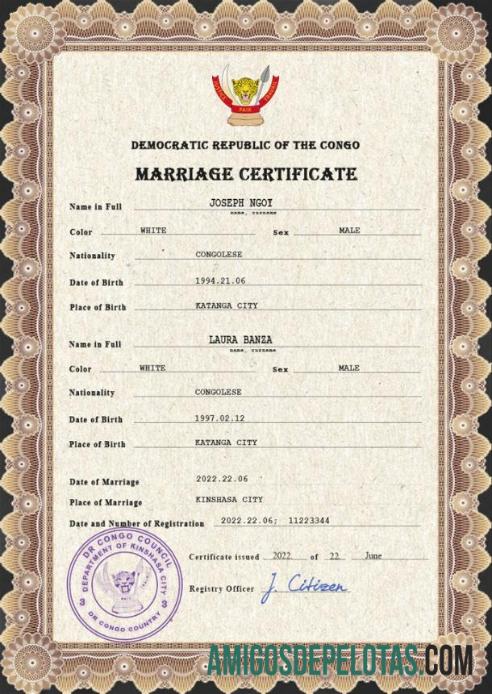 Em branco modelo PSD de certidão de casamento da República Democrática do Congo