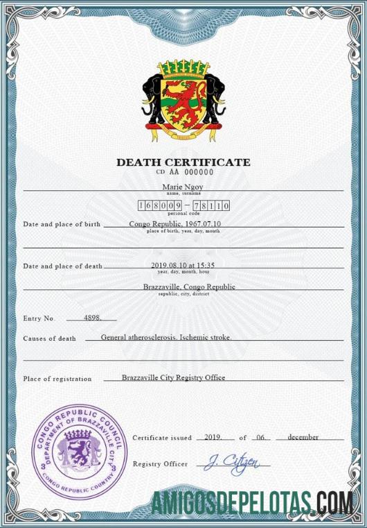 Em branco modelo PSD de certidão de óbito de registro vital do Congo