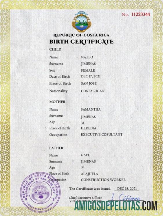 Em branco modelo PSD de certidão de nascimento da Costa Rica