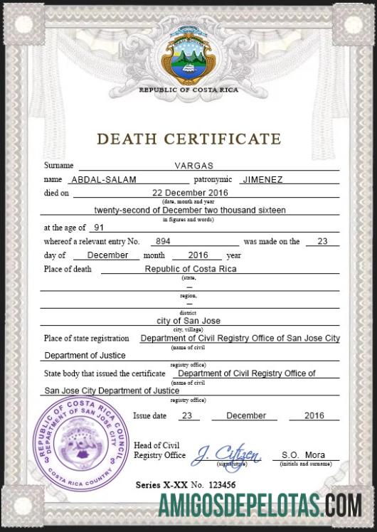 para download Modelo PSD de certidão de óbito da Costa Rica