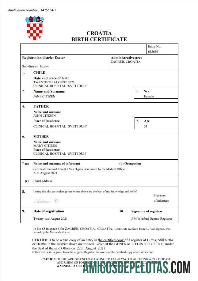 realista Modelo Word e PDF de certidão de nascimento na Croácia