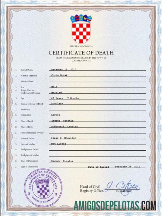 realista Modelo PSD de certidão de óbito da Croácia