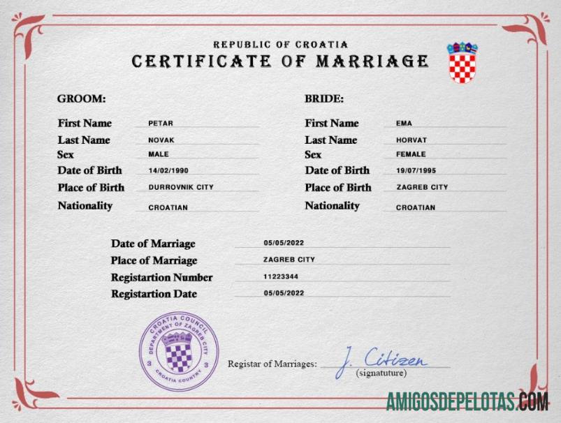 Imprimível modelo PSD de certidão de casamento na Croácia