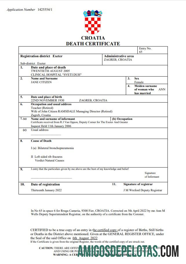 Em branco modelo Word e PDF de certidão de óbito de registro vital da Croácia