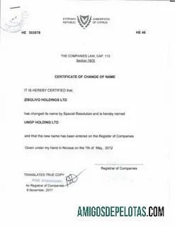 Registro de empresas de Chipre, certificado de mudança de nome amostra