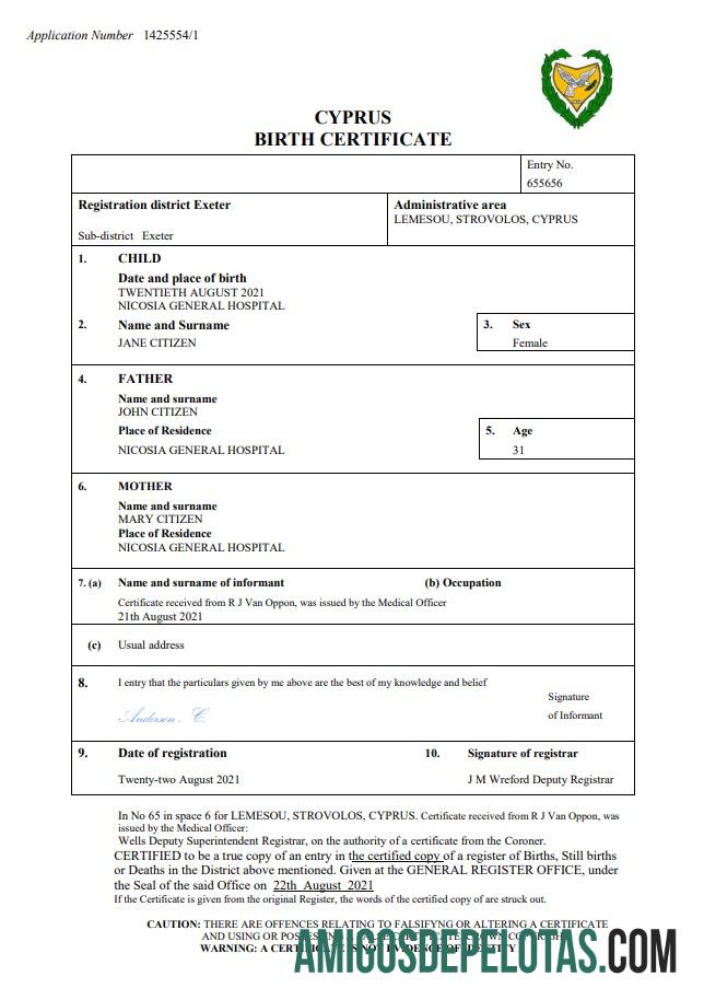 para download Modelo Word e PDF de certidão de nascimento de Chipre