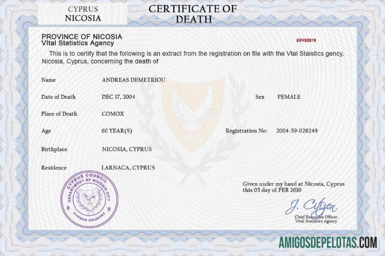 para download Modelo PSD de certidão de óbito de registro vital de Chipre