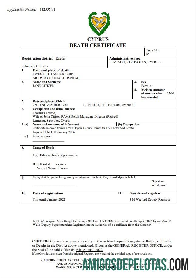 para download Modelo Word e PDF de certidão de óbito de registro vital de Chipre