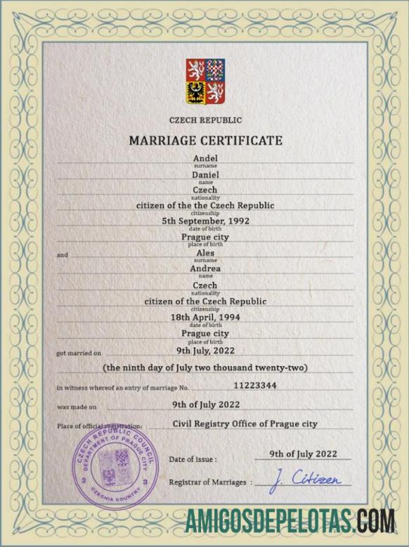 Certidão de Casamento da República Tcheca modelo