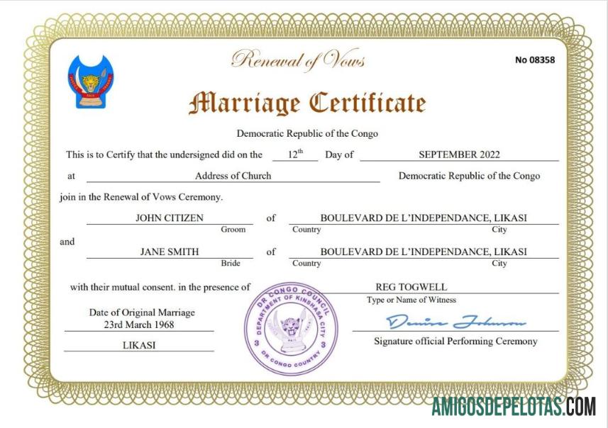realista Modelo Word e PDF de certidão de casamento na República Democrática do Congo