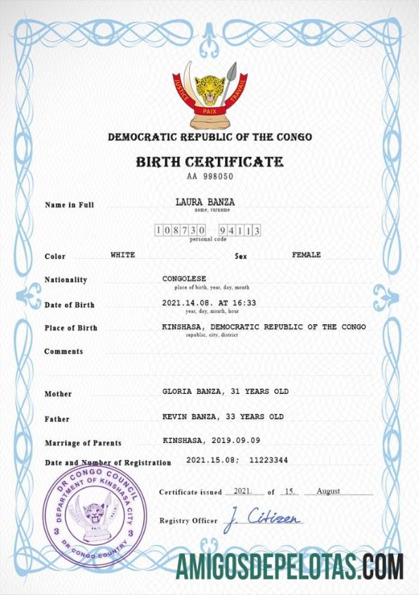 Em branco modelo PSD de certidão de nascimento de registro vital da República Democrática do Congo