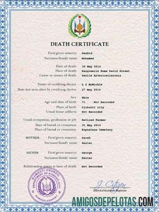 para download Modelo PSD de certidão de óbito de Djibuti