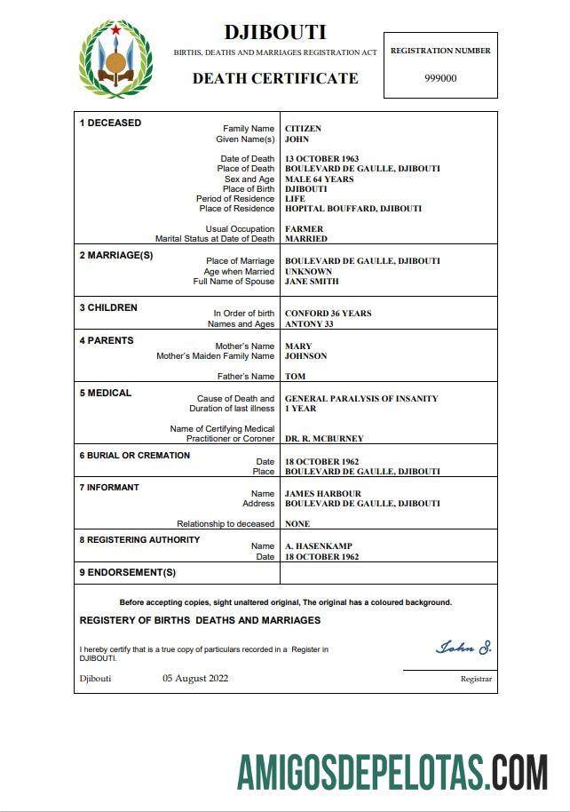 Imprimível modelo Word e PDF de certidão de óbito de Djibuti