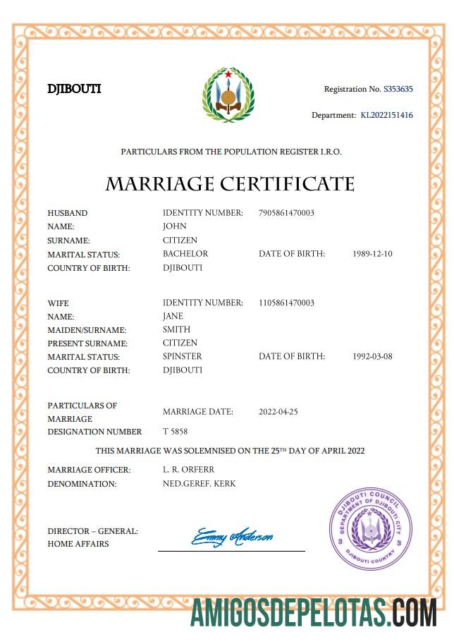 para download Modelo Word e PDF de certidão de casamento de Djibuti