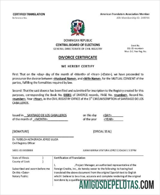 Certidão de Divórcio da Direção Geral de Registro Civil da República Dominicana exemplo