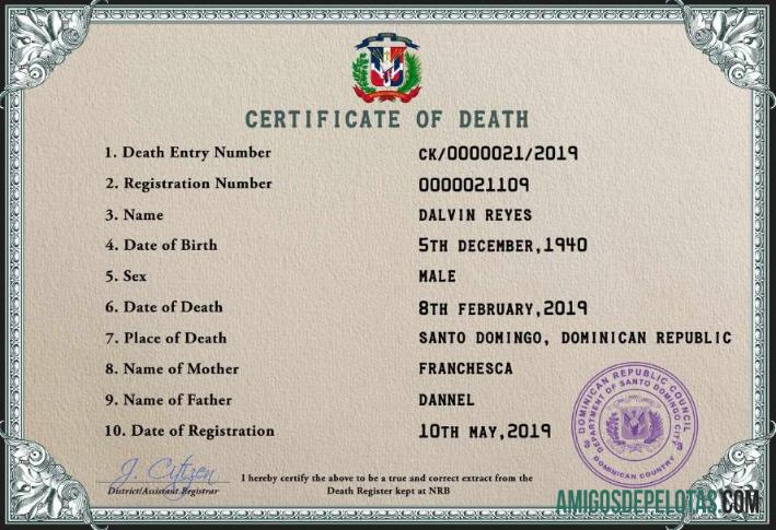 Imprimível modelo PSD de certidão de óbito de registro vital da República Dominicana