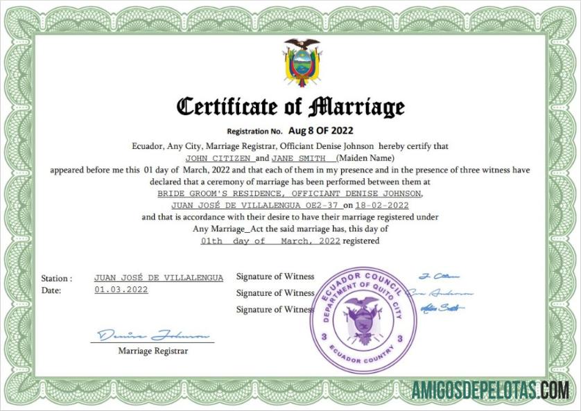 para download Modelo Word e PDF de certidão de casamento do Equador