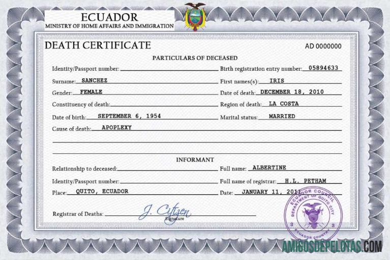 para download Modelo PSD de certidão de óbito de registro vital do Equador