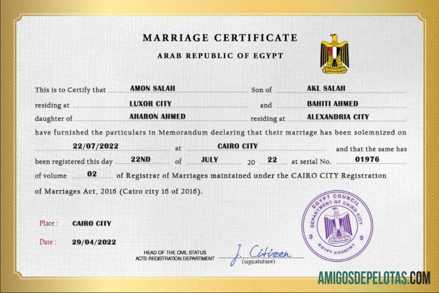 Imprimível modelo PSD de certidão de casamento no Egito