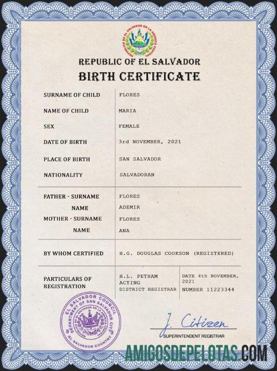 Imprimível modelo PSD de certidão de nascimento de registro vital de El Salvador