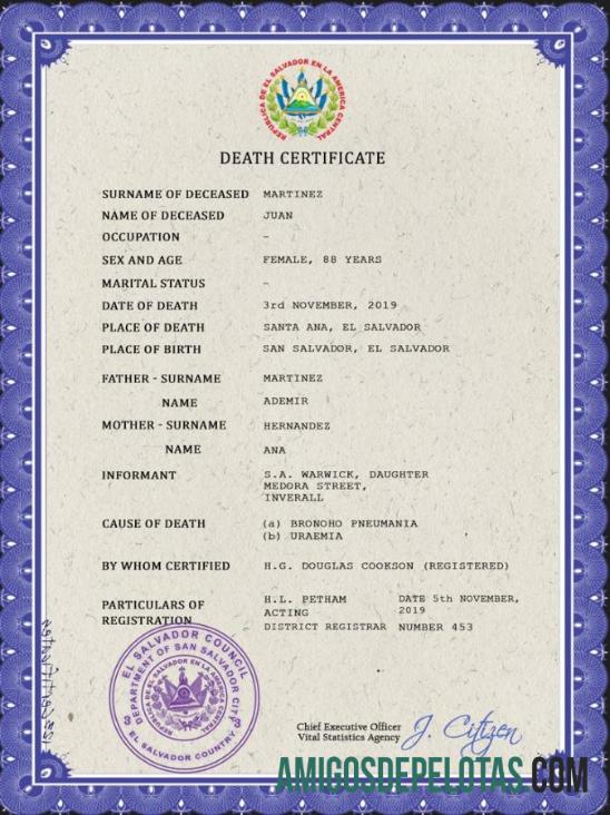 Imprimível modelo PSD de certidão de óbito de registro vital de El Salvador