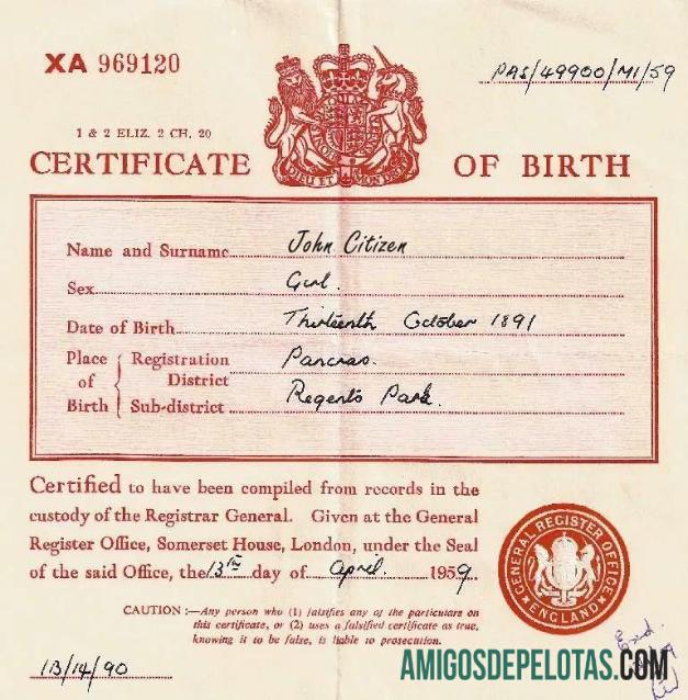Certidão de nascimento do Cartório de Registro da Inglaterra em Londres amostra