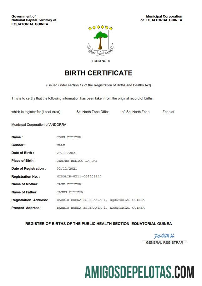 Imprimível modelo Word e PDF de certidão de nascimento da Guiné Equatorial